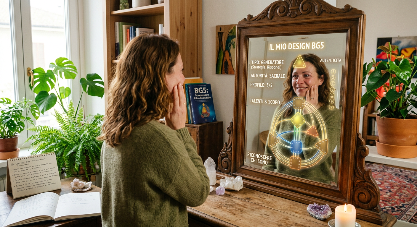 Donna che si guarda allo specchio e riconosce la propria natura autentica secondo il sistema BG5